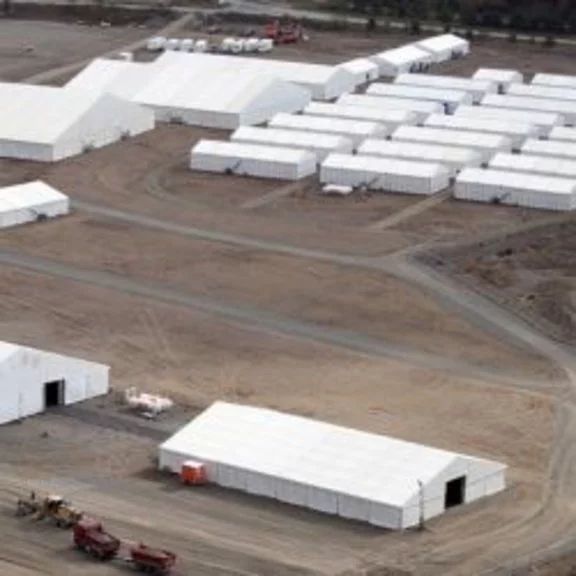 Bird's eye view of training camp for troop exercises - classic crew tents built as a tent landscape 