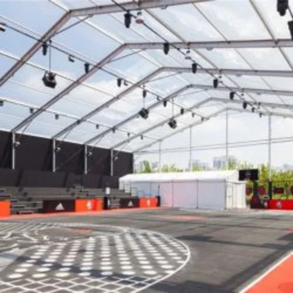 Interior view of a temporary sports hall for a basketball club