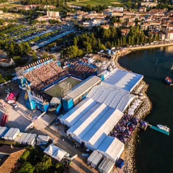 Tent landscape during the Beach Volleyball Major Series birds eye view